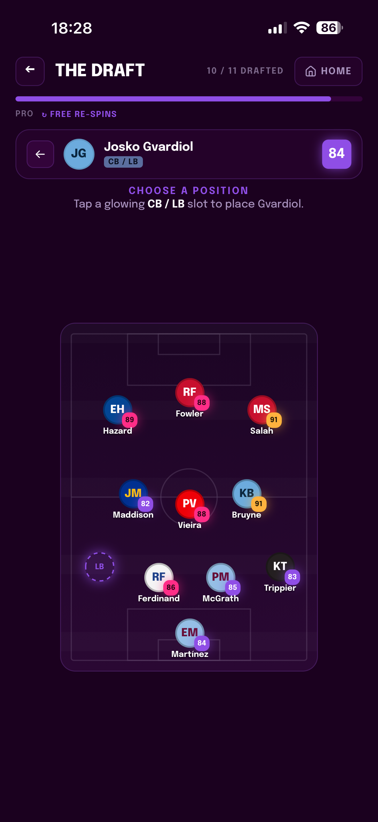 Sweeper 38-0 squad draft and formation screen